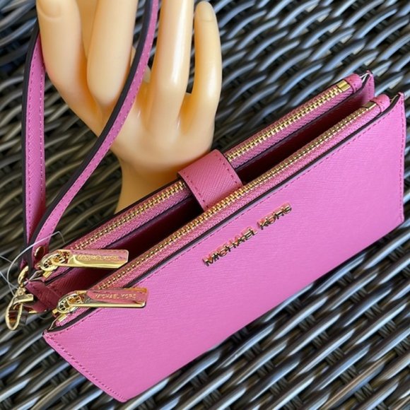 Michael Kors Jet Set Travel Large Double Zip Wristlet Wallet Rosewood Leather - Picture 4 of 16